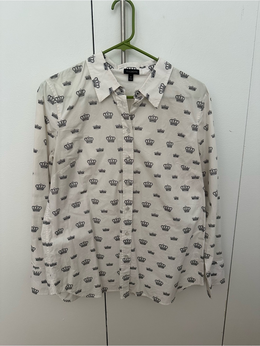Talbots White Button-Down Shirt with Black Crown Print